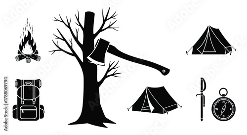 Camping essentials a fire tent tree compass axe and backpack illustration