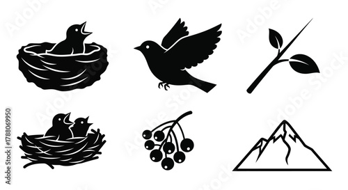 Black silhouettes depicting birds nests berries and a mountain landscape
