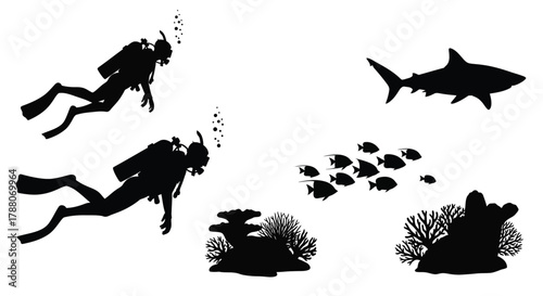 Silhouette of scuba divers a shark and marine life underwater