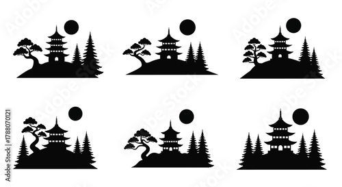 Stylized black silhouettes of asian temples with trees and moons