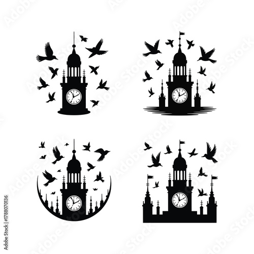 Birds fly around clock towers creating a vintage urban scene.