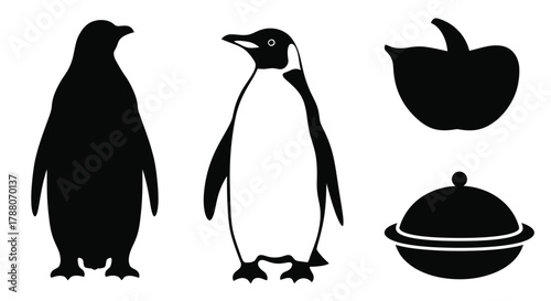 Simple black and white illustration of a penguin apple and food cover