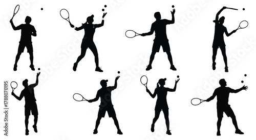 Silhouettes of tennis players demonstrating various stages of a serve