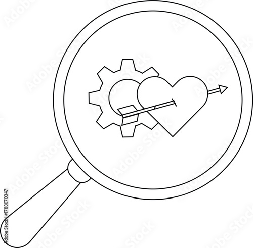 A magnifying glass reveals a heart pierced by an arrow intertwined with a gear