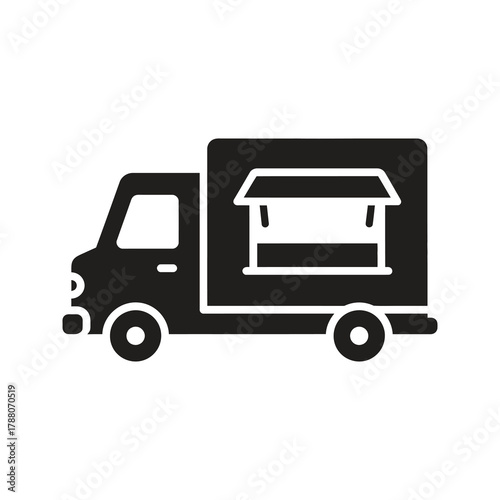 Food delivery truck icon representing a fast shipping service and a restaurant takeaway for an online order and a meal transport
