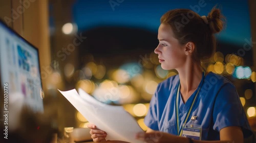 129Registered nurse concentrating on patient charts at night shift nursing desk, warm light from desk lamp blending with blue monitor tones