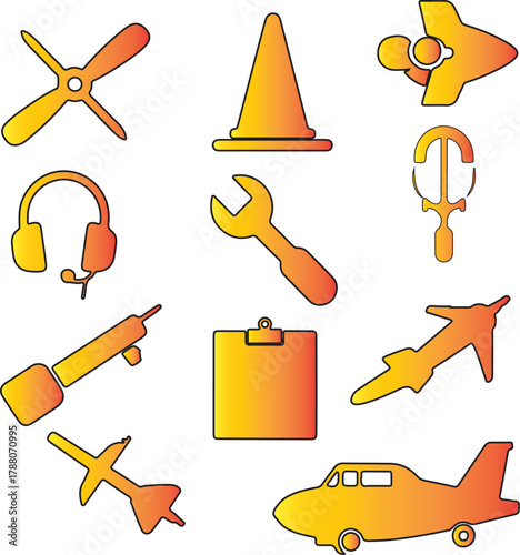 Collection of Aviation and Construction Related Icons with Gradient Orange and Yellow Tones Representing Transportation Tools and Equipment