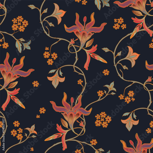 Orange and purple flowers on a black background. Seamless design.