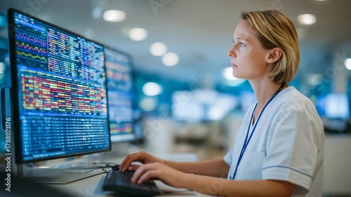 138Professional female nurse at clean organized nursing station, analyzing patient data on large monitor, sterile white and pastel blue environment