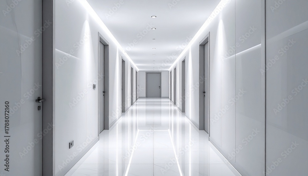 Obraz premium Modern minimalist hallway with doors clean architectural design elegant interior space bright white corridor.