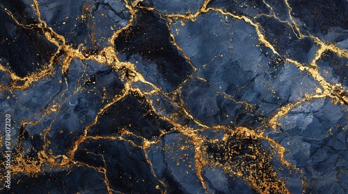 An abstract close-up shot of a textured golden veins against a deep blue stone background