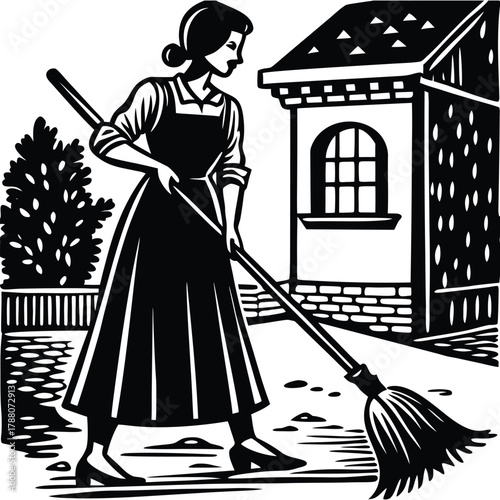 Woman Sweeping Silhouette Illustration, House Cleaning, Homemaking, Domestic Labor, Housewife Chores on White Background