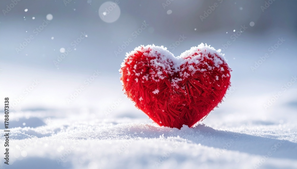 Fototapeta premium Red Heart in Winter Snow - Symbol of Love Romance and Valentine's Day Concept in a Cold Environment.