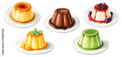 sweets_2水彩のプリン・ムース・ババロアイラストセット,デザート,スイーツ,カフェ,キャラメル,チョコレート,ベクター