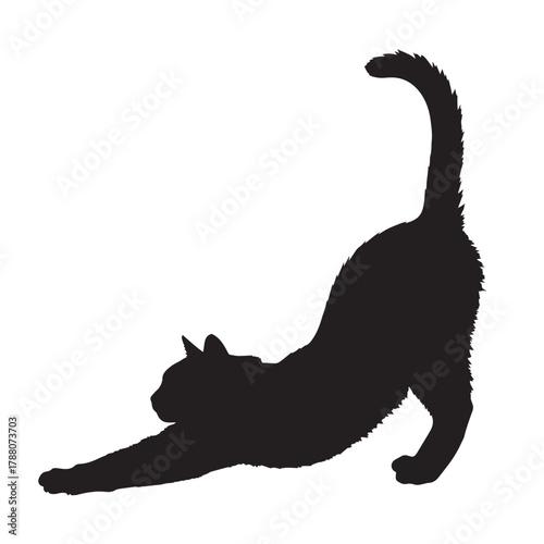 Stretching Cat Silhouette in Downward Pose – Elegant Black Animal Vector for Pet, Yoga, and Relaxation Themes