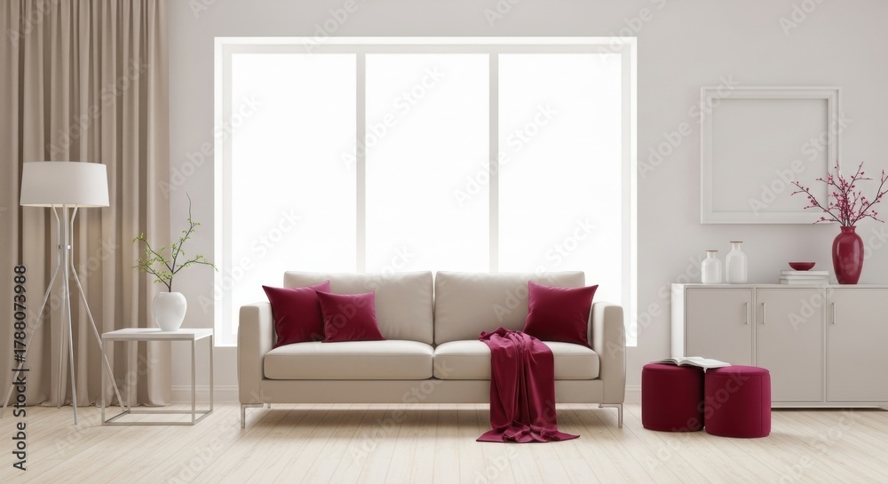 Fototapeta premium Modern Minimalist Living Room with Beige Sofa, Magenta Accents, and Large Window with Curtains.