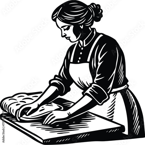 Baking Bread Silhouette: Vintage Illustration of Woman Preparing Dough on White Background