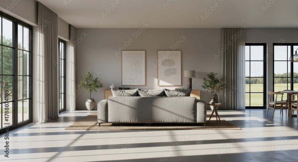 Fototapeta premium Symmetrical Modern Living Room with Grey Sofa, Framed Art, and Large Windows with a Field View.