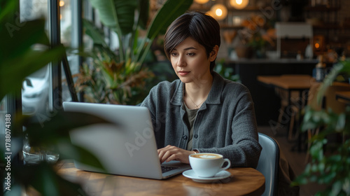 woman works with laptop in the restaurant
