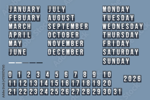 Full Year Calendar Grid with Months Weekdays and Number Blocks in Blue Background