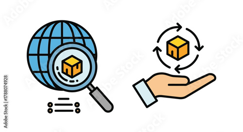 Vector illustration of global search and delivery service concept with package and hand