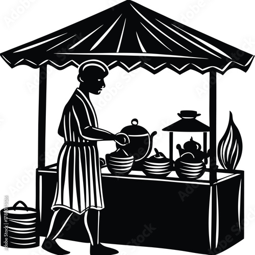Vendor at Market Stand Preparing Food, Black Silhouette of Street Seller on White Background