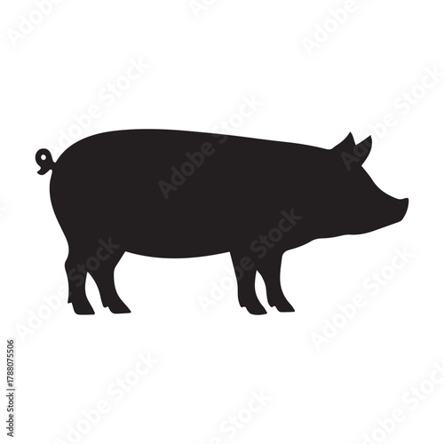 Stylized Pig Silhouette in Side Profile with Curled Tail and Snout Isolated Vector.