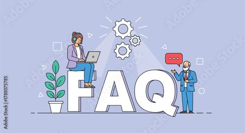 Vector illustration of frequently asked questions concept with people and gears