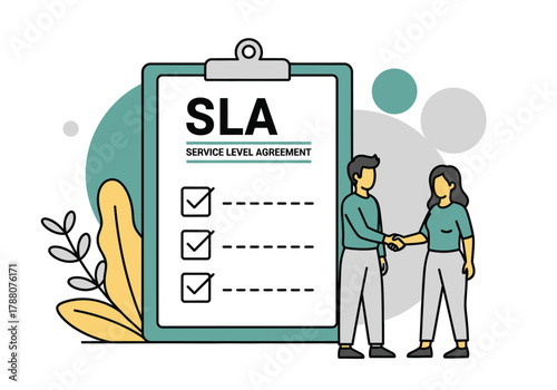 Vector illustration of two people shaking hands next to a service level agreement document