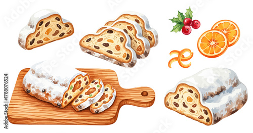 水彩のシュトーレンとクリスマスの飾りイラストセット,ドイツ菓子,クリスマス,パン,焼き菓子,ベクター