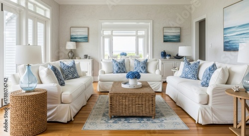 Coastal Style Living Room with Three White Sofas, Blue Patterned Cushions, and Rattan Coffee Table.