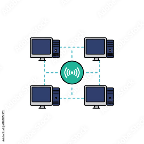 Vector illustration of network connection between computers with wireless signal