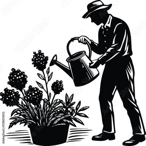 Gardener Watering Plants Silhouette Illustration with Watering Can Vector Art on White Background