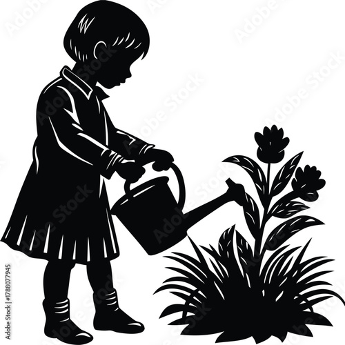 Girl Watering Plant Silhouette Graphic Design for Gardening and Springtime on White Background