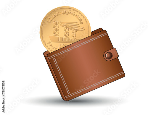 Egyptian money with a wallet in the background. 50 piastres 2019 Power Stations. A 50 piastres coin into the wallet.