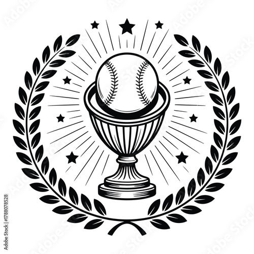 Baseball trophy with laurel wreath and star accents black and white