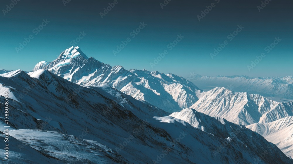 Obraz premium Majestic Snow-Capped Mountain Peak Surrounded by Rugged Terrain under Clear Blue Sky with Stunning Natural Landscape Viewpoint