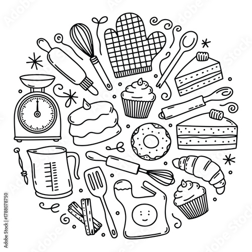 Black and White Doodle Baking Vector Set with Desserts and Utensils