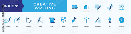 creative writing icon set flat blue style