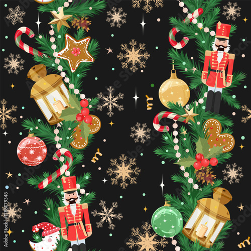 Christmas seamless pattern with gingerbread, nutcracker and Christmas balls. Suitable for decorating textiles and packaging. Vector illustration. Vertical.