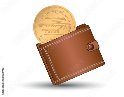 Egyptian money with a wallet in the background. 50 piastres New Bridges in Asyut, Egypt. A 50 piastres coin into the wallet.