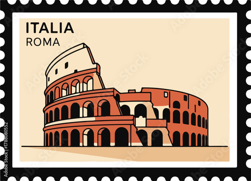 A stylized illustration of the Colosseum in Rome, Italy, featured on a postage stamp with a black perforated border and text 'ITALIA ROMA'.