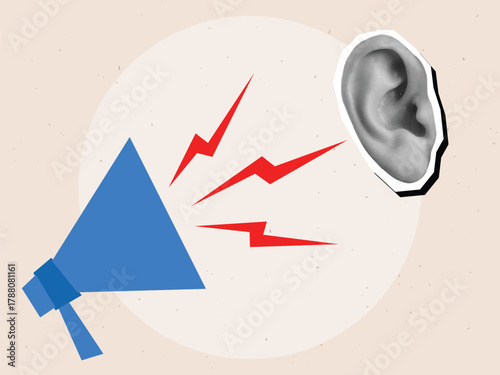 A simple megaphone with lightning and the human ear. Modern collage style. Vector illustration
