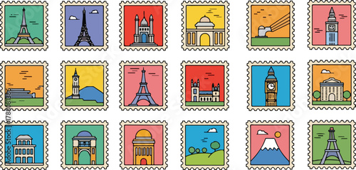 A vibrant collection of postage stamp illustrations featuring famous global landmarks and scenic landscapes in a minimalist, colorful style.