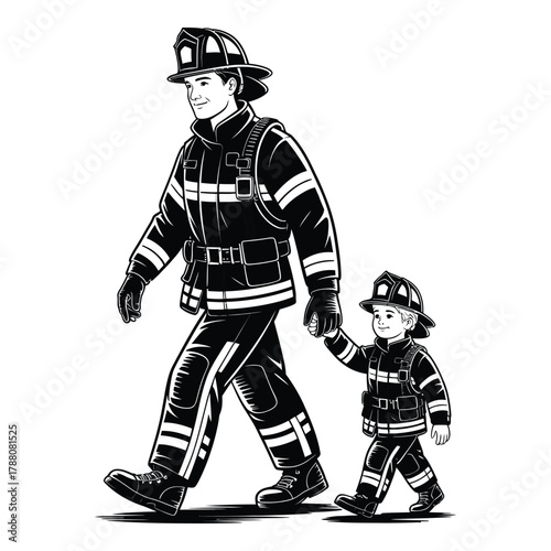 Brave fireman and child walking together in protective gear illustration
