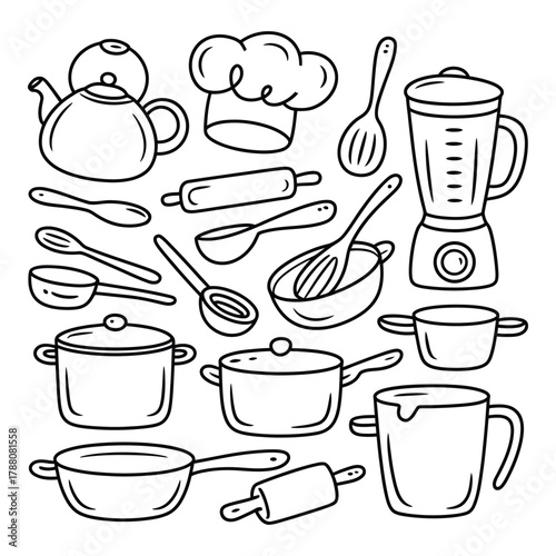Kitchen Utensils and Cooking Elements Doodle Style Outline Vector Illustration