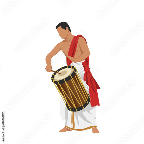 Traditional Drummer Performing with Chenda Drum in Cultural Attire