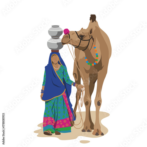 Rajasthani Woman Walking with Decorated Camel Carrying Water Pots