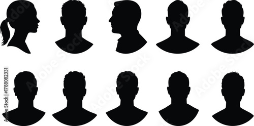 Black silhouette head profiles, anonymous people avatar collection, male and female face icons, vector illustration, isolated background design