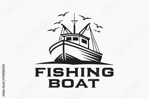 A black and white logo shows the fishing boat with flying birds graphic